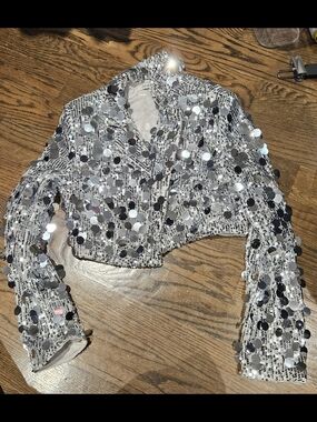 Fashion Nova Silver Sequin Crop Top Jacket And Skirt